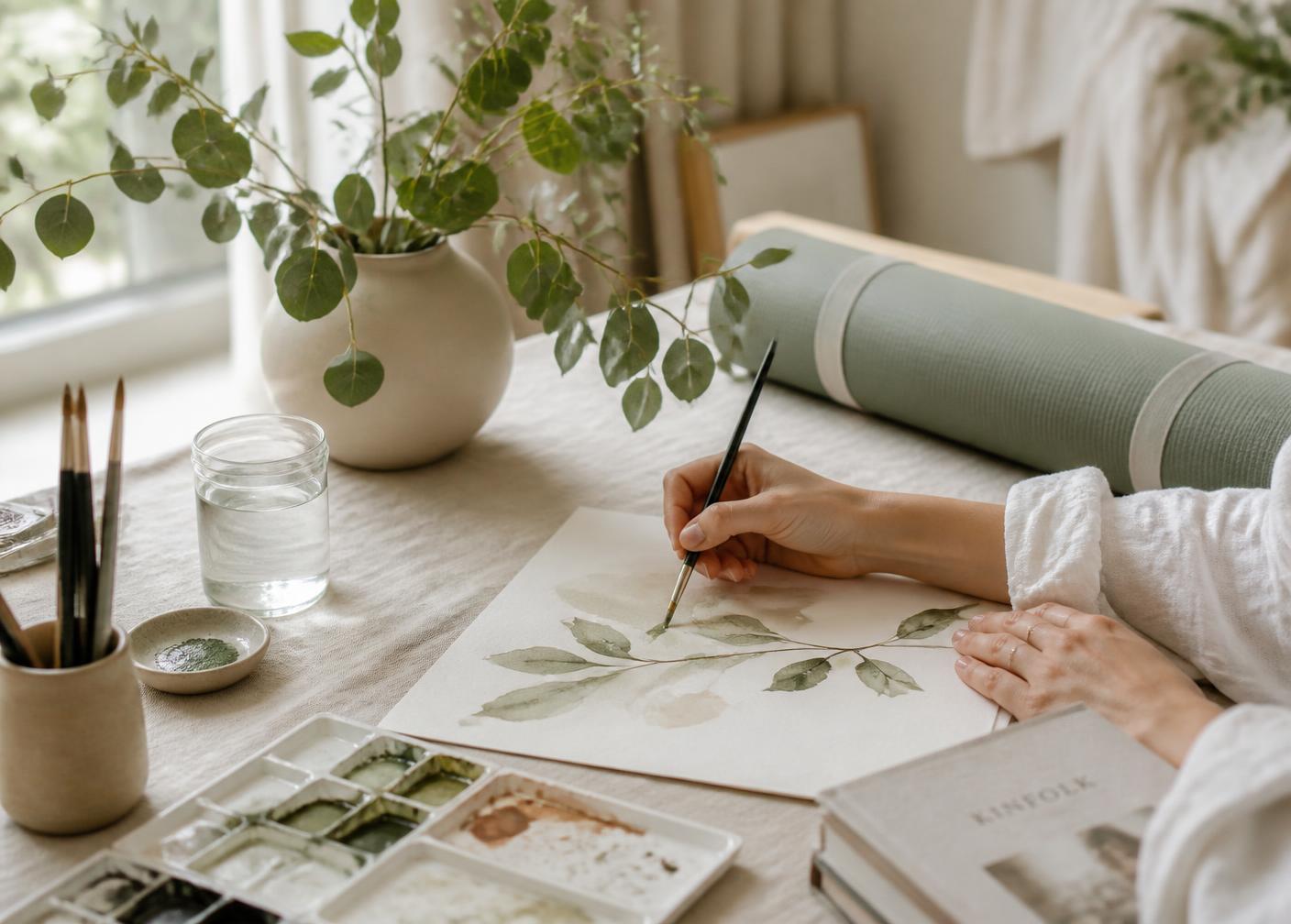 Atelier créatif lumineux avec aquarelle et tapis de yoga