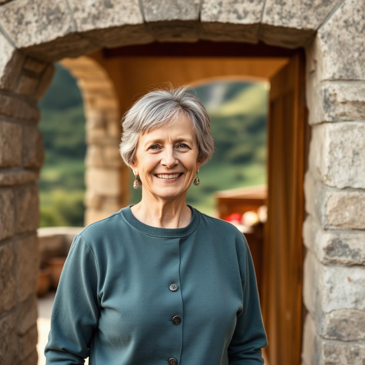 Nathalie Bigou devant l'entrée d'une maison béarnaise en pierre, montagnes en arrière-plan