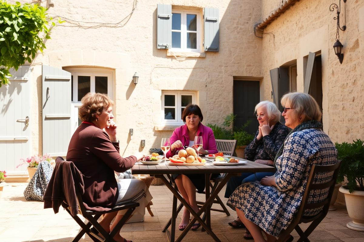 Petit groupe de participantes échangeant en français autour d'une table dans une cour béarnaise ensoleillée