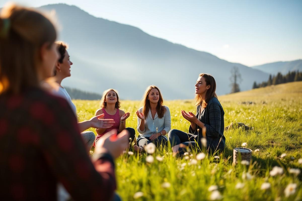 Petit groupe assis dans une prairie au pied des Pyrénées lors d'un atelier de voix